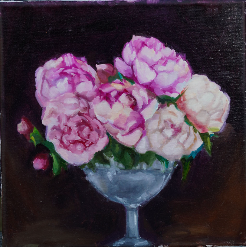 12X12 neon pink peonies (Oil on canvas)