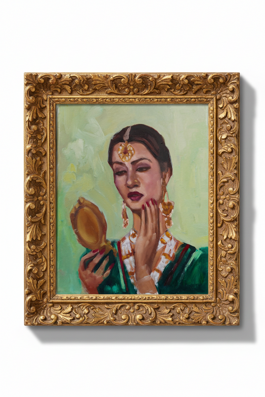 Painting of a woman applying makeup with a compact mirror, wearing traditional jewelry against a light green background.