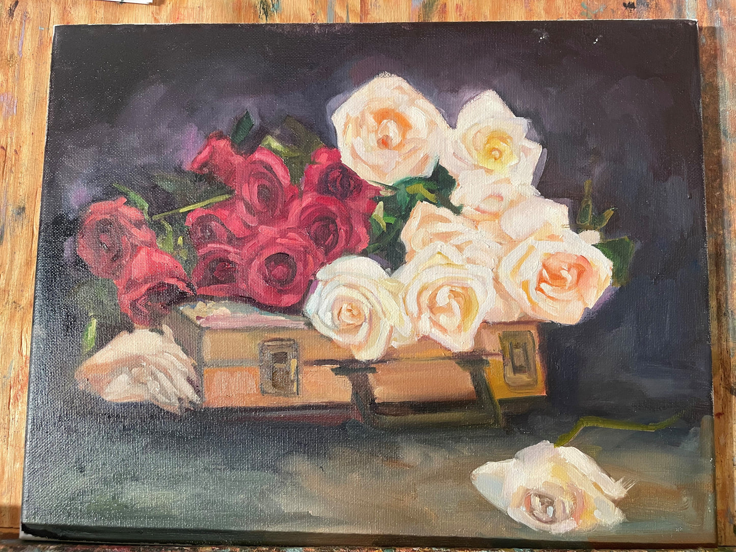 11x14 Roses on music box Oil Painting