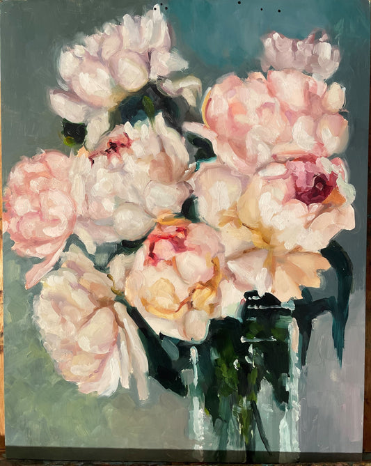 11X14 White Peonies on Wood Panel- Oil on Wood Panel