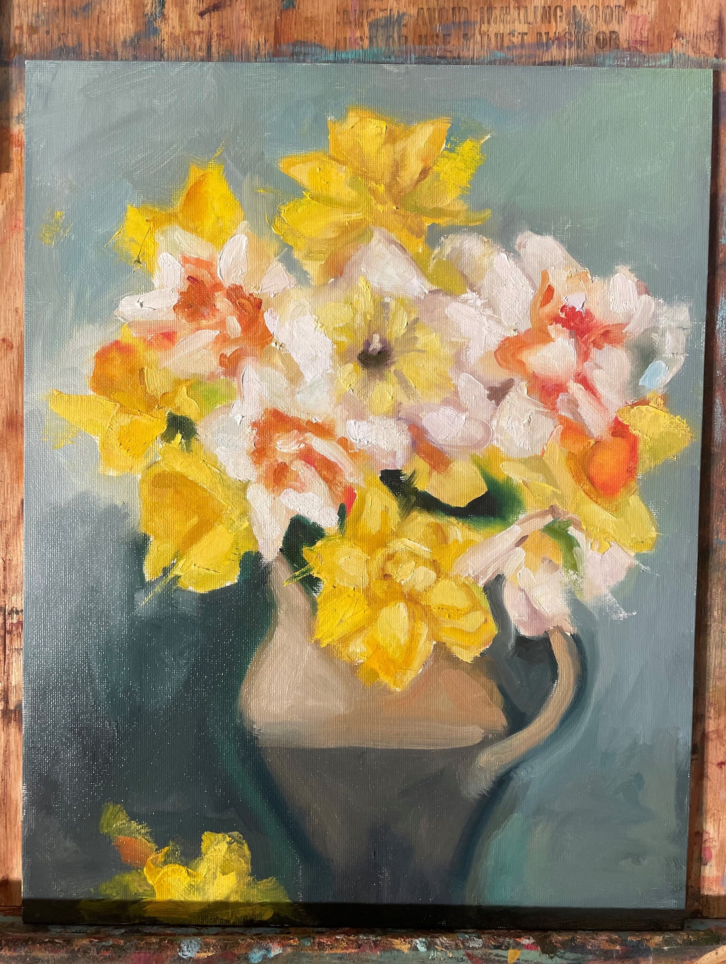 11X 14 White and Yellow Daffodils -Oil on Canvas Panel  #realism