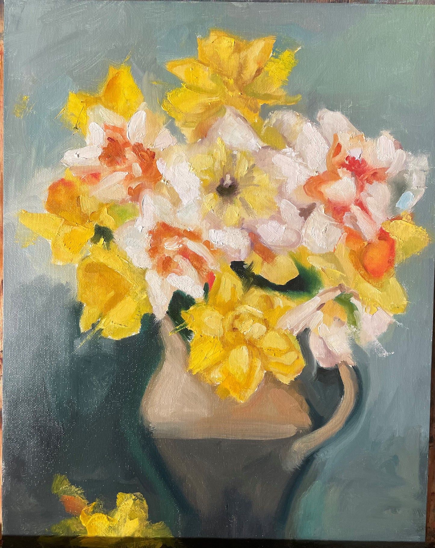 11X 14 White and Yellow Daffodils -Oil on Canvas Panel  #realism